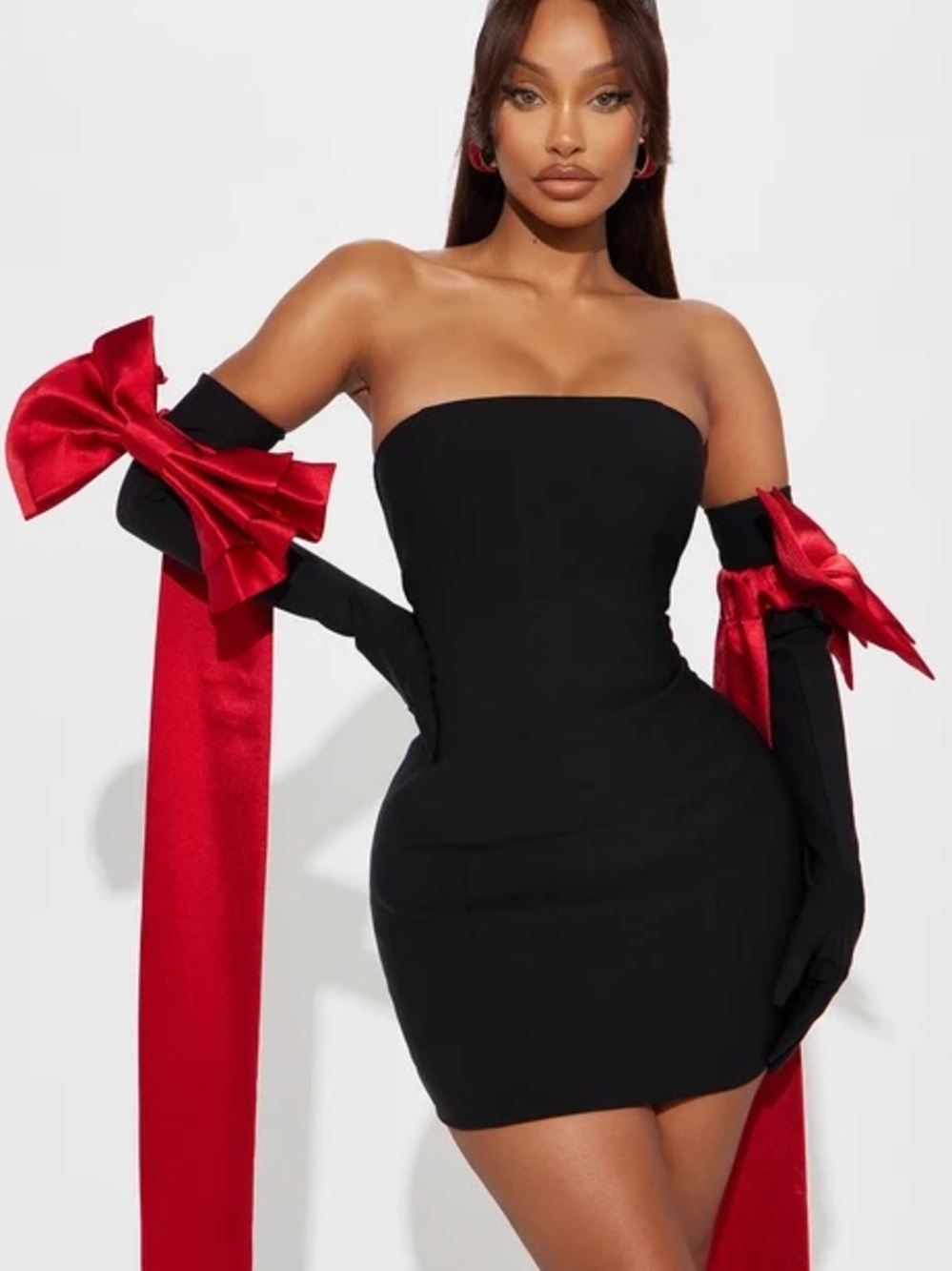 Fashion Nova Black Strapless Bodycon Mini Dress with Red Ribbon Gloves